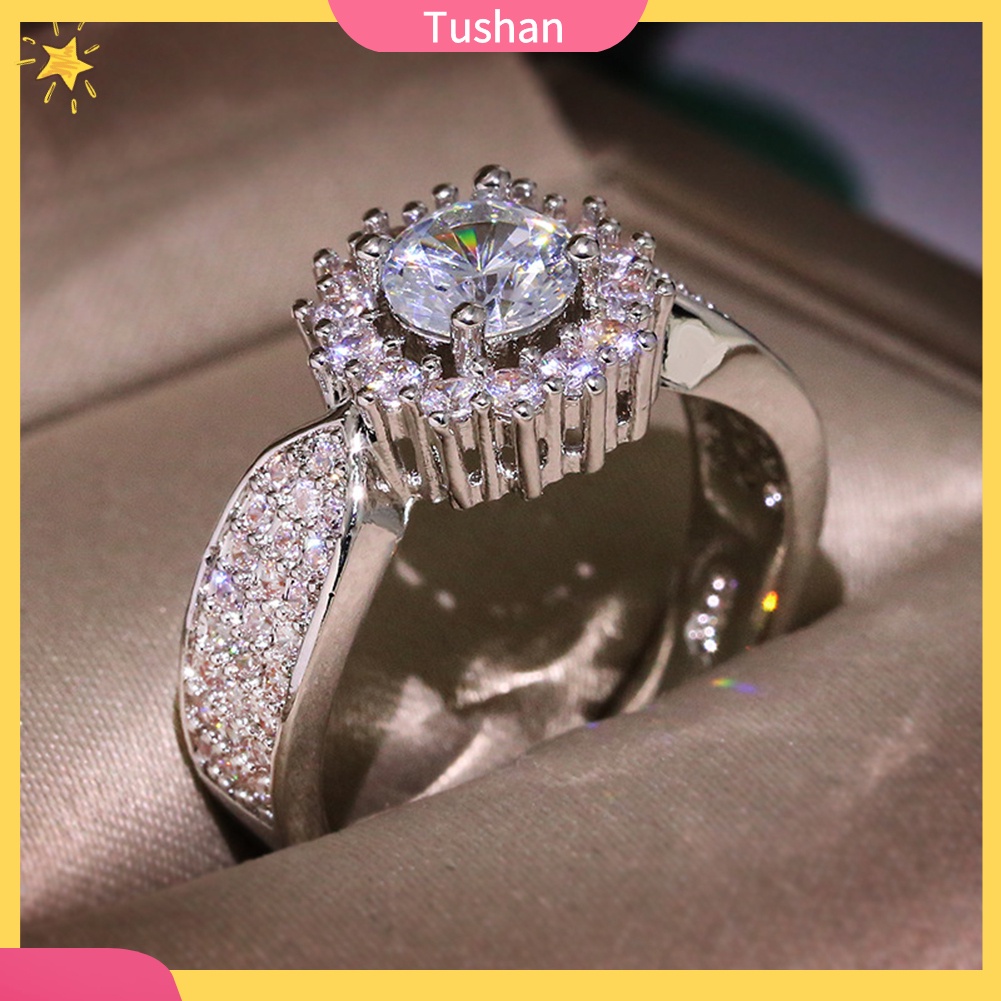 TUSH Luxury Women Round Cut Rhinestone Inlaid Finger Ring Proposal Party Jewelry Gift