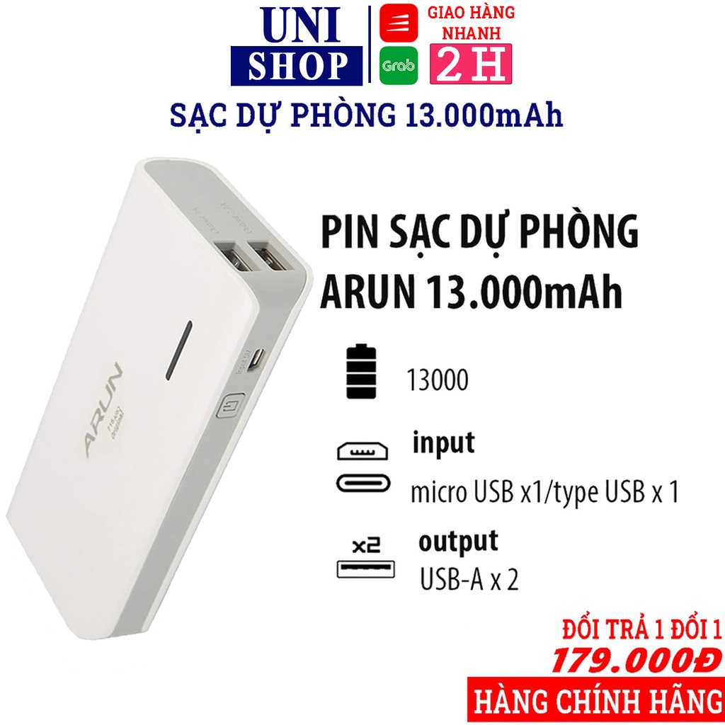 Sạc dự phòng Arun 13000mah, 2 đầu USB sạc nhanh, có đèn Led kèm đèn pin - BH 1 Năm | Arun Y625 13000mah