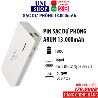 Sạc dự phòng arun 13000mah, 2 đầu usb sạc nhanh, có đèn led kèm đèn pin - bh 1 năm | arun y625 13000mah