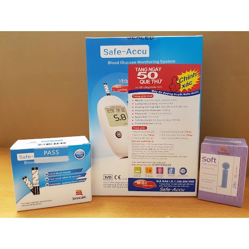 Hộp 50 que thử đường huyết SINOCARE Safe-Accu,Que TEST Thử Đường Huyết +kim lấy chích máu đường huyết Safe Accu SINOCARE