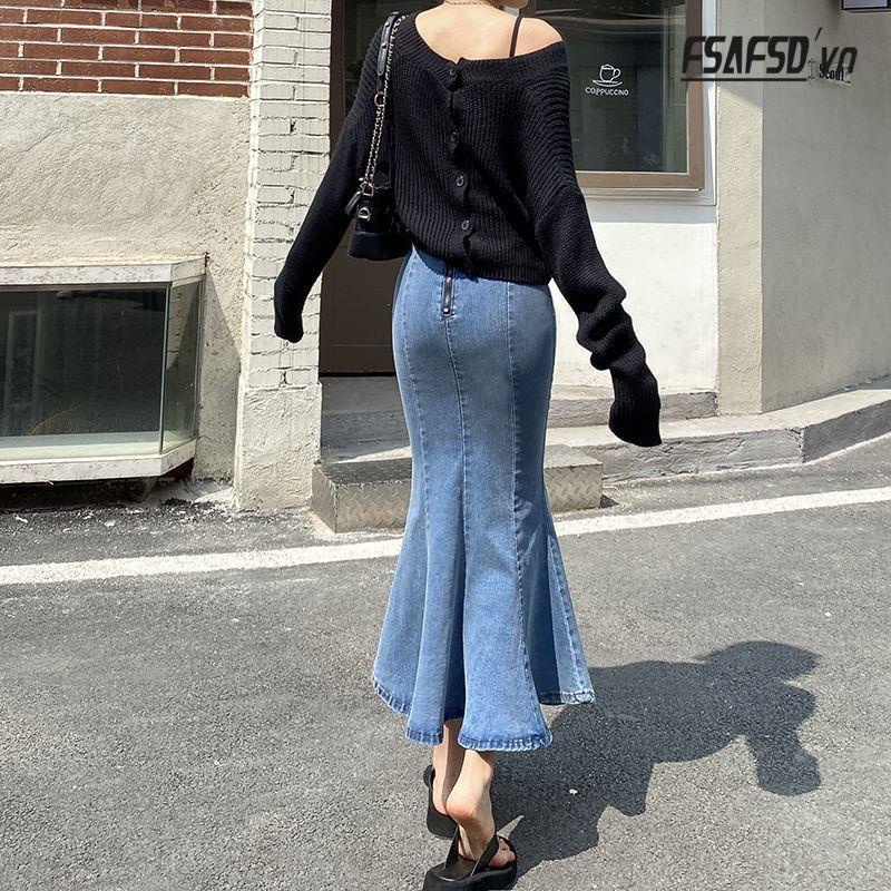Chân Váy Denim Lưng Cao Xẻ Tà Thời Trang Dành Cho Nữ