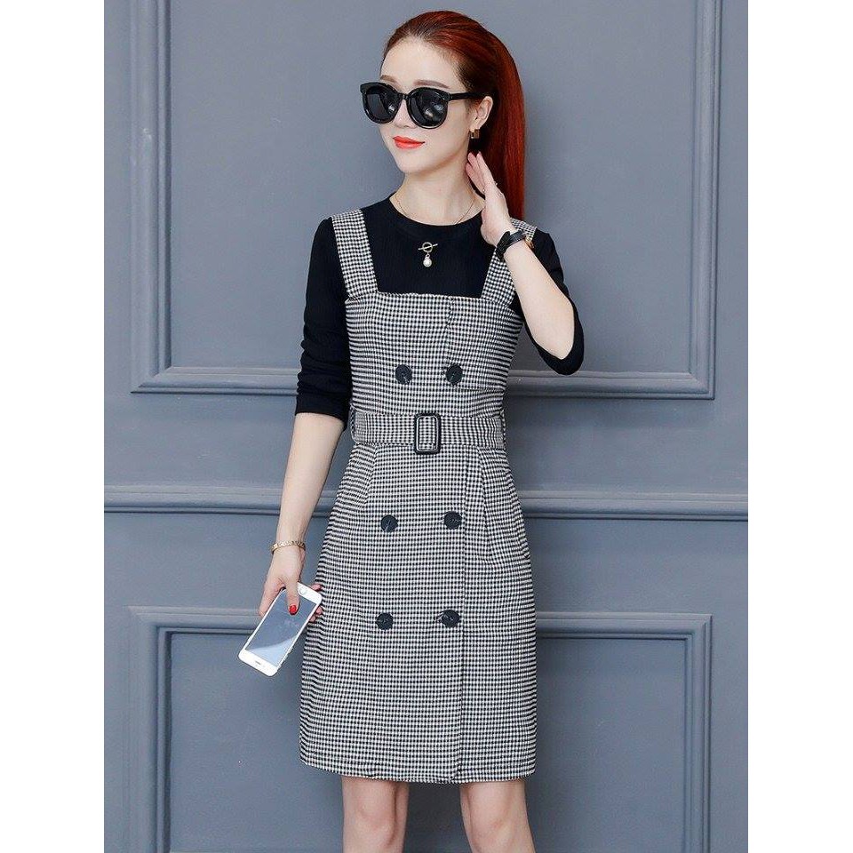 SET ÁO THUN ĐẦM YẾM CARO KÈM NỊT HN1808 Giá 190k