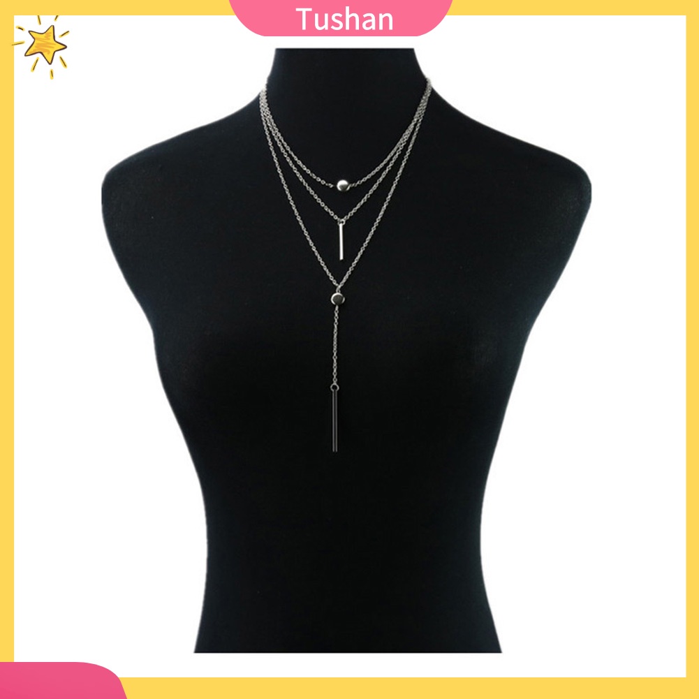 TUSH_Women Multi Layers Necklace Circle Bar Charm Pendant Boho Jewelry Birthday Gift