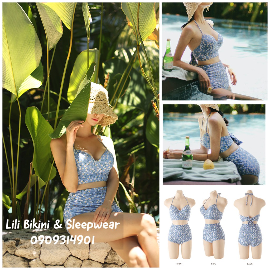 Bikini vintage cúc họa mi xanh da trời mộng mơ, bikini hai mảnh cúp ngực gọng nâng, quần cạp cao tôn dáng, nơ lưng | BigBuy360 - bigbuy360.vn