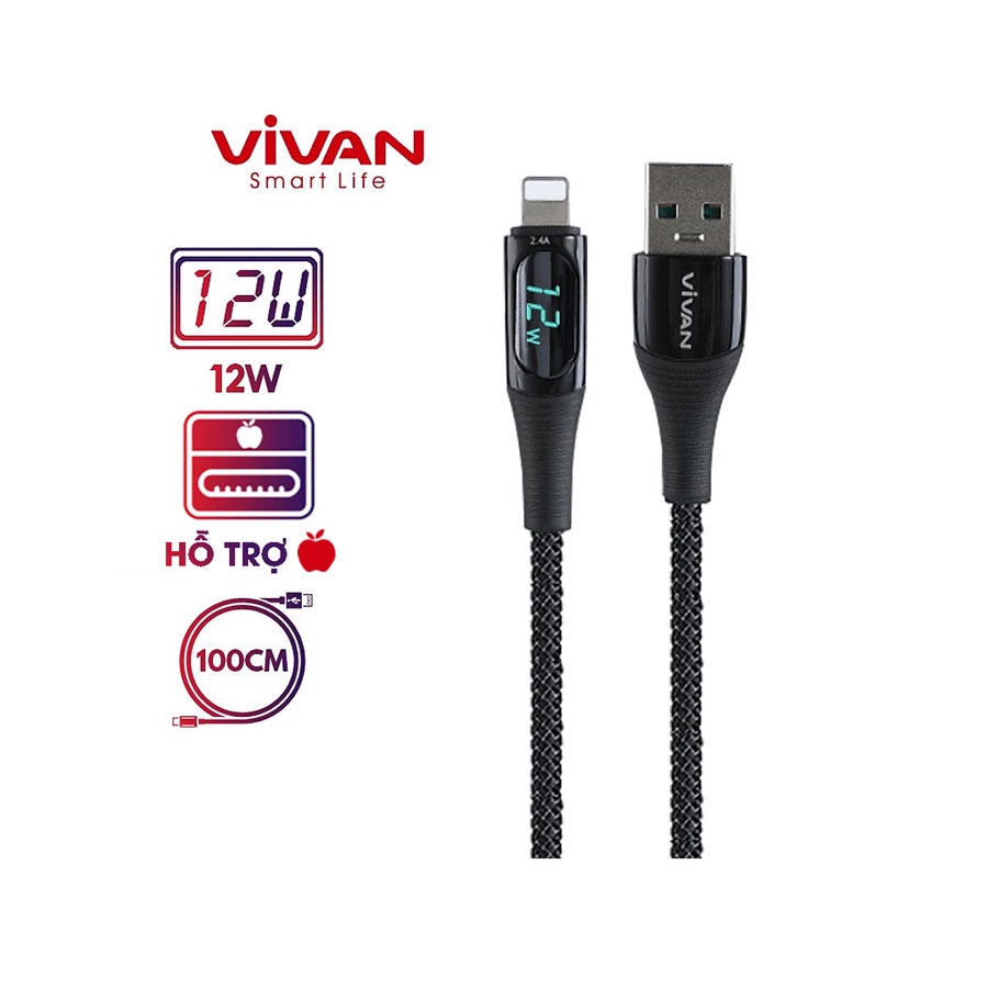 Cáp Sạc Nhanh Truyền Dữ Liệu 1m Cổng USB chuyển đổi đầu IP(nhà táo) 12W 2.4A VIVAN VIL100 Màn Led Hiển Thị Công Suất Sạc