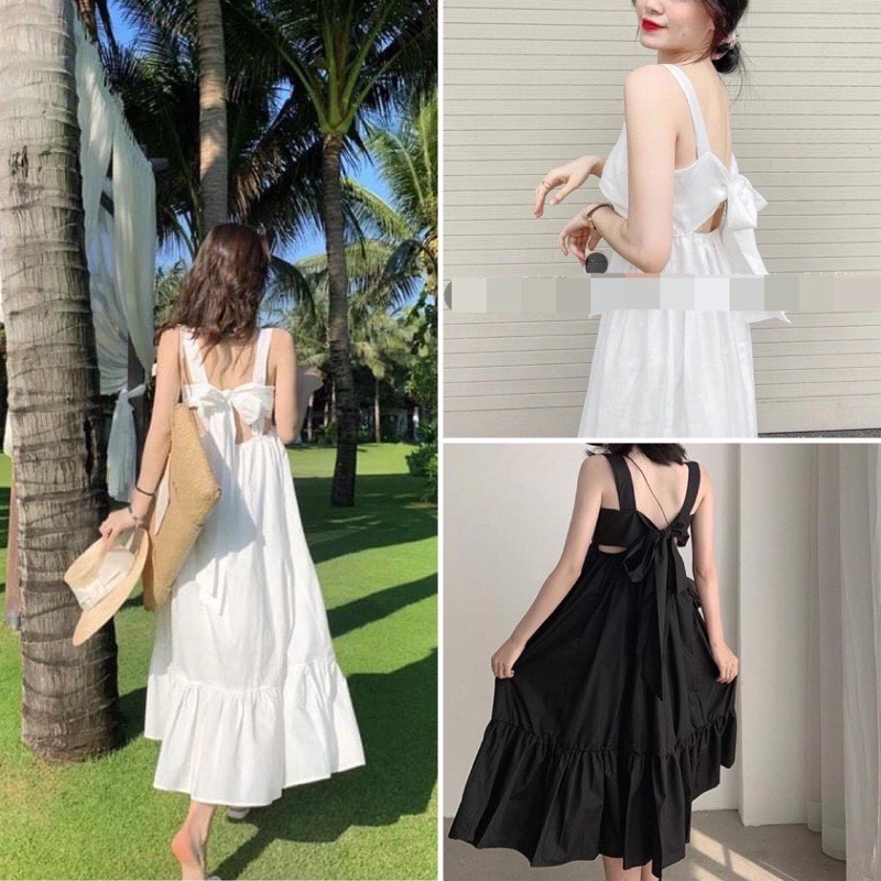 Váy đầm nữ 2 dây buộc nơ lưng trắng đen dáng suông dài cổ vuông from rộng đi biển du lịch hở lưng sexy C306