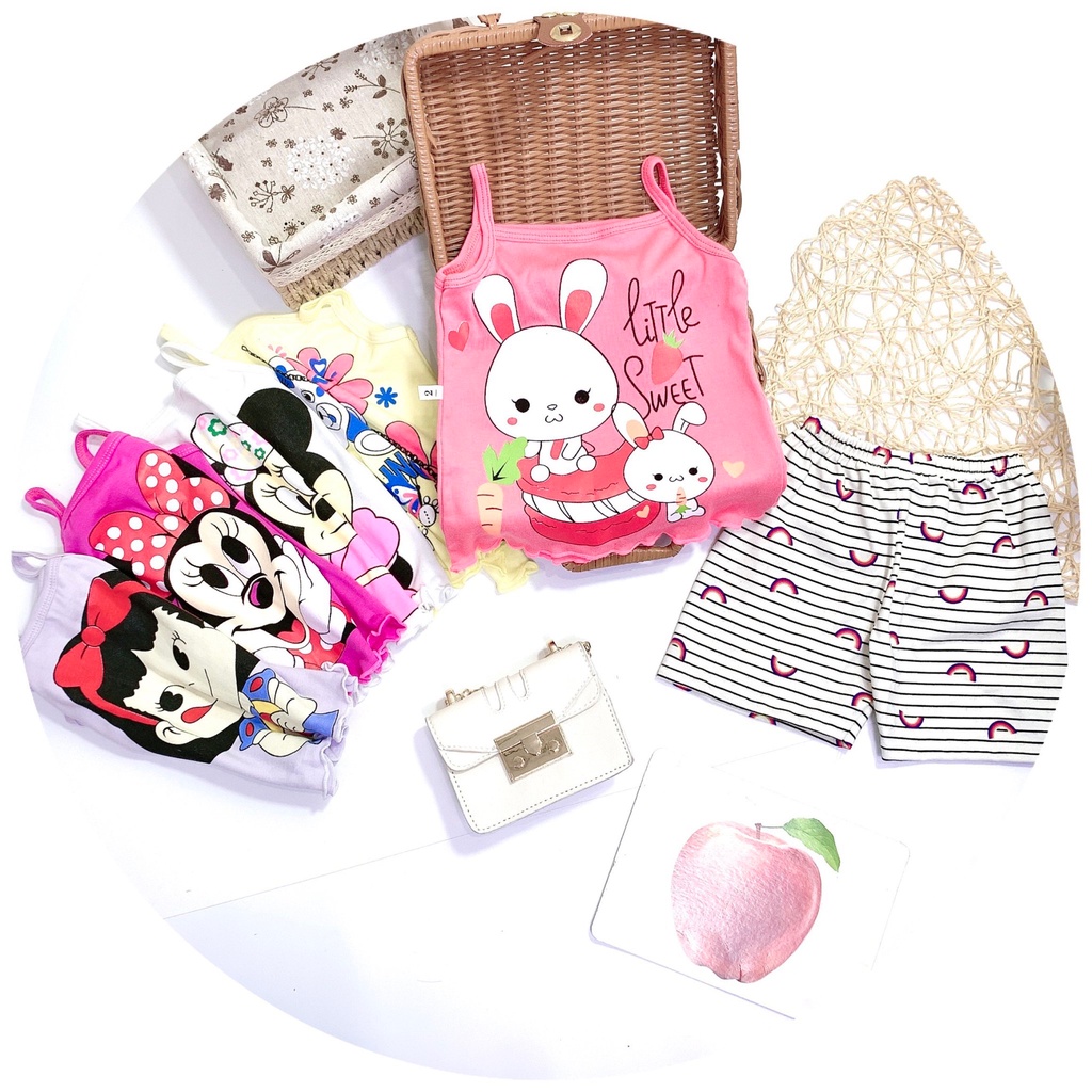 Bộ đồ hai dây thun cotton Hè cho bé gái 8-18kg hoạ tiết hoạt hình ngộ ngĩnh dễ thương phong cách đáng yêu