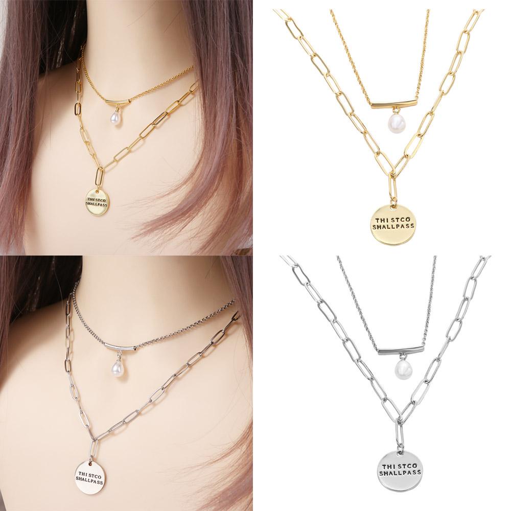 AROMA Vòng Cổ Choker Hai Lớp Mặt Đồng Xu Khắc Chữ Phong Cách Hàn Quốc