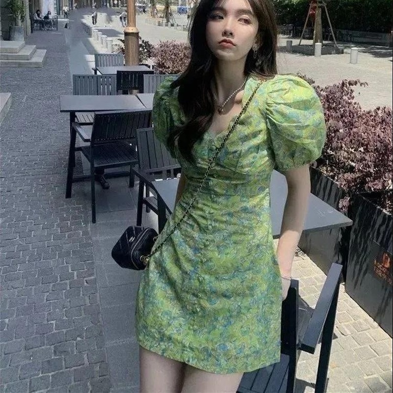 Đầm Công Chúa Mùa Hè Tay Phồng Màu Xanh Lá Họa Tiết Hoa Vỡ Kiểu Công Chúa Xinh Xắn