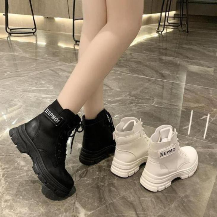 Giày Boots, Giày Boot Nữ Lót Lông Bên Trong Phối Viền Chữ Kèm Dây Buộc Phong Cách Trẻ Trung Năng Động, Thời Trang Hàn