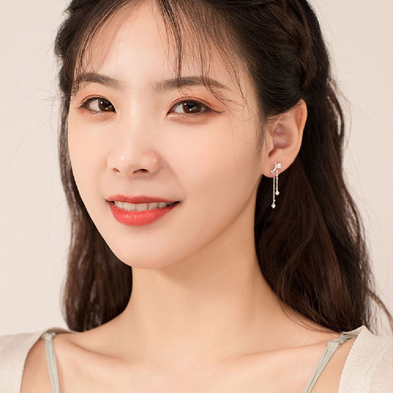 Bông Tai Bạc S925 Tua Rua Trăng Sao Sợi Thả Bất Đối Xứng Xinh Xắn | Khuyên Tai Nữ Trang Sức Bạc Thời Trang