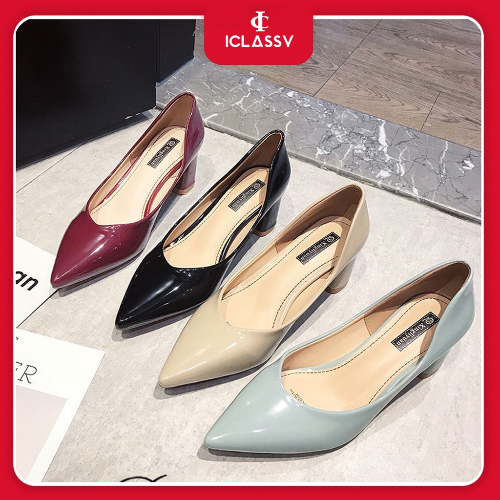 Giày Cao Gót Công Sở Ulzzang Basic Bít Mũi Nhọn Đế Vuông 5cm Da Bóng Mềm Phong Cách Hàn Quốc - Iclassy_shoes