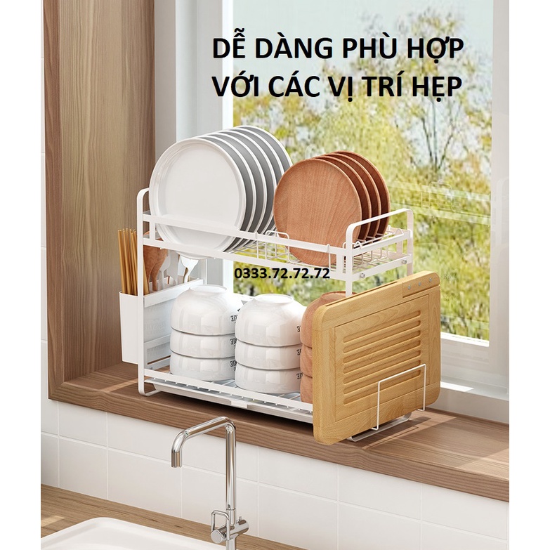 CAO CẤP - Giá úp bát đĩa 2 tầng có thể tách rời có khay hứng nước kèm ống đũa và để thớt