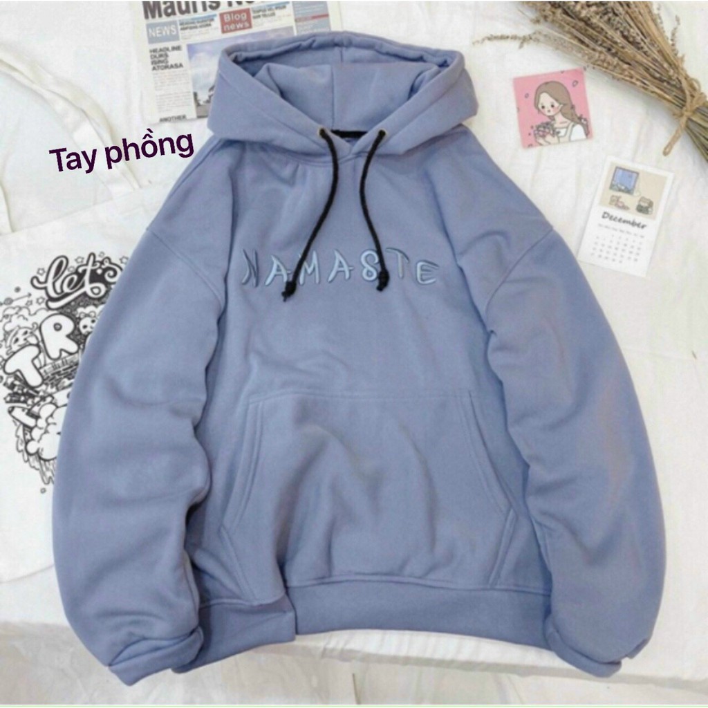 Áo Hoodie Unisex nỉ bông ngoại form dáng rộng tay phồng Nam Nữ mặc cặp cực xinh thêu NAMASTE sihienlinh
