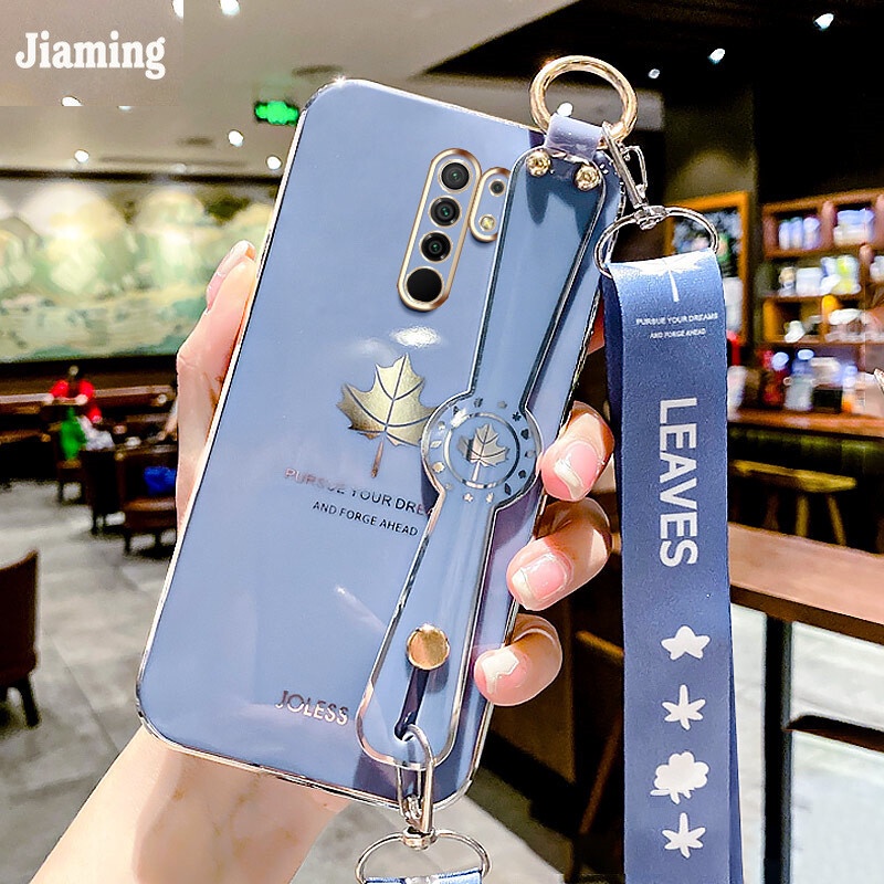 Ốp Điện Thoại Viền Lá Phong Mạ Điện Sang Trọng + Dây Đeo Cho Xiaomi Redmi 9