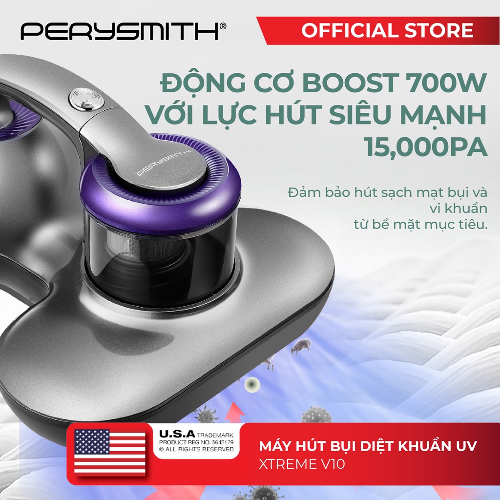 Máy hút bụi giường nệm PerySmith XTREME V10 diệt khuẩn uv công suất 700W