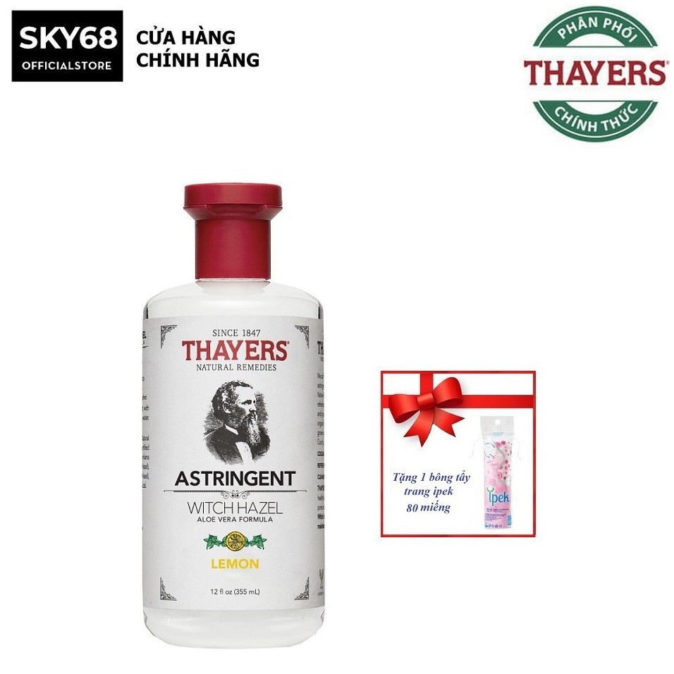 Nước hoa hồng Se Khít Lỗ Chân Lông Thayers Alcohol Free Witch Hazel Lemon 355ml + Tặng 1 bông tẩy trang Ipek 80 miếng