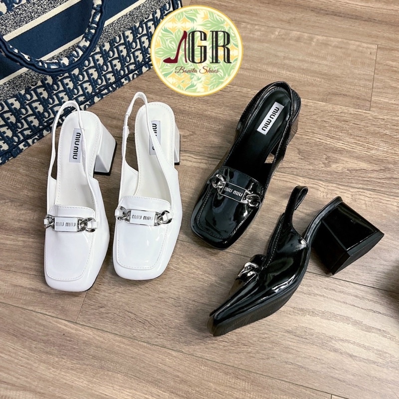 Sandal gót mũi vuông khoá MM gót vuông hh 6 cm