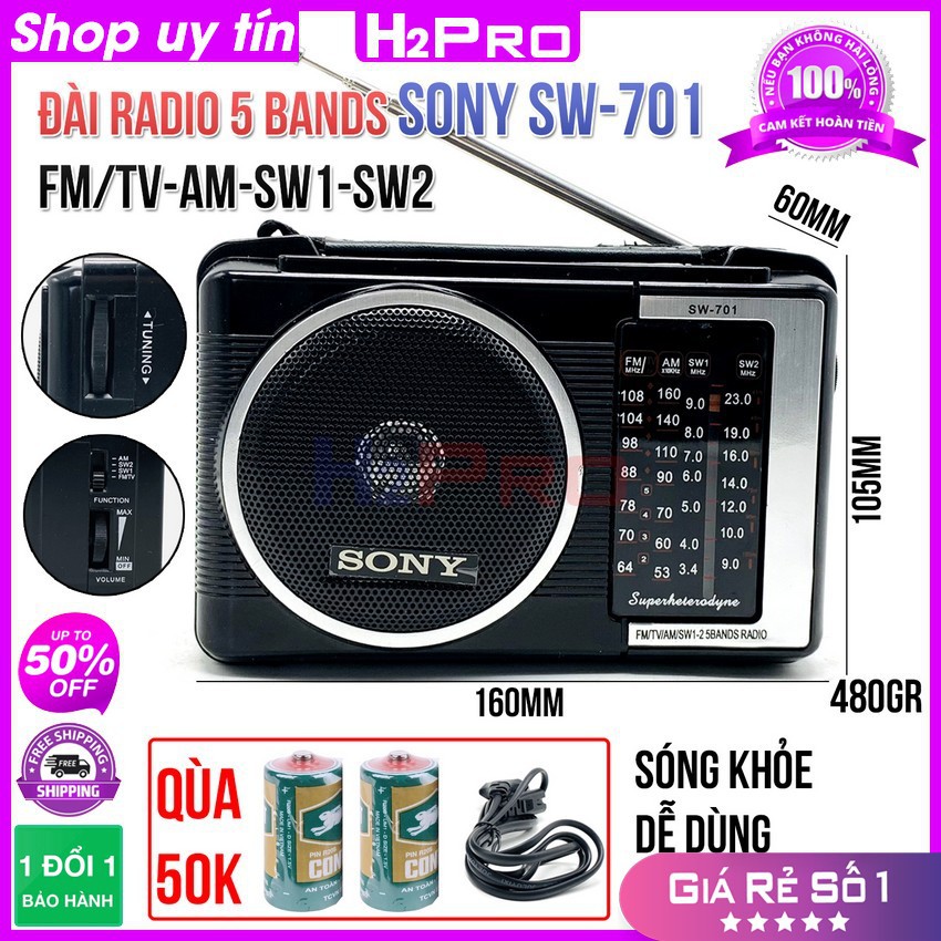 Đài radio Sony SW-701 H2Pro 5 bands FM-TV-AM-SW1-SW2 bắt sóng khỏe, máy đài radio sony fm-am (tặng quà)7676