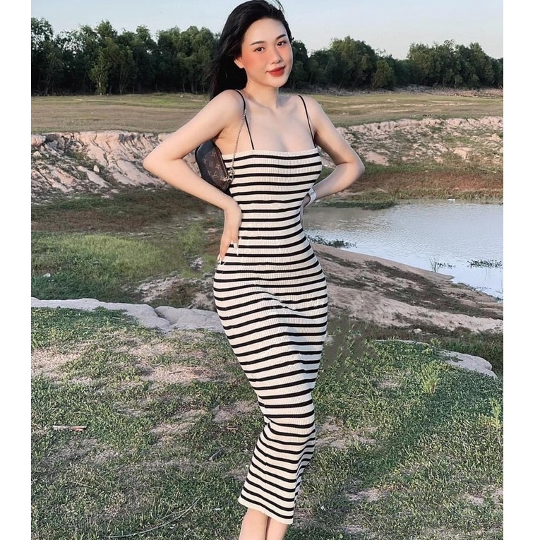 Váy đầm nữ ôm body hai dây sọc ngang thời trang mùa hè sang chảnh