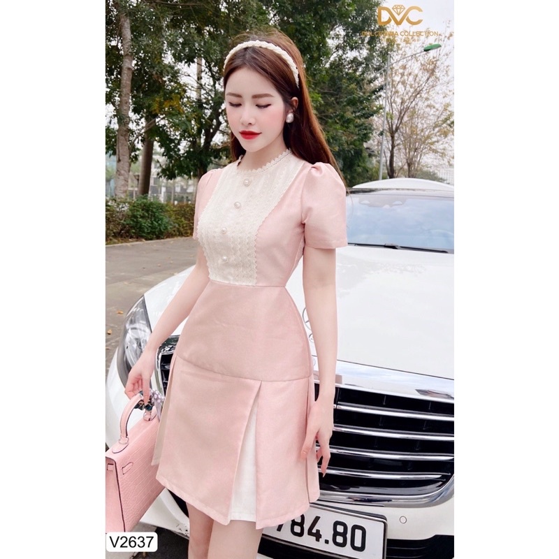 VÁY XÒE TAFTA HỒNG CỔ PHỐI REN V2637 - DOLCE VIVA COLLECTION