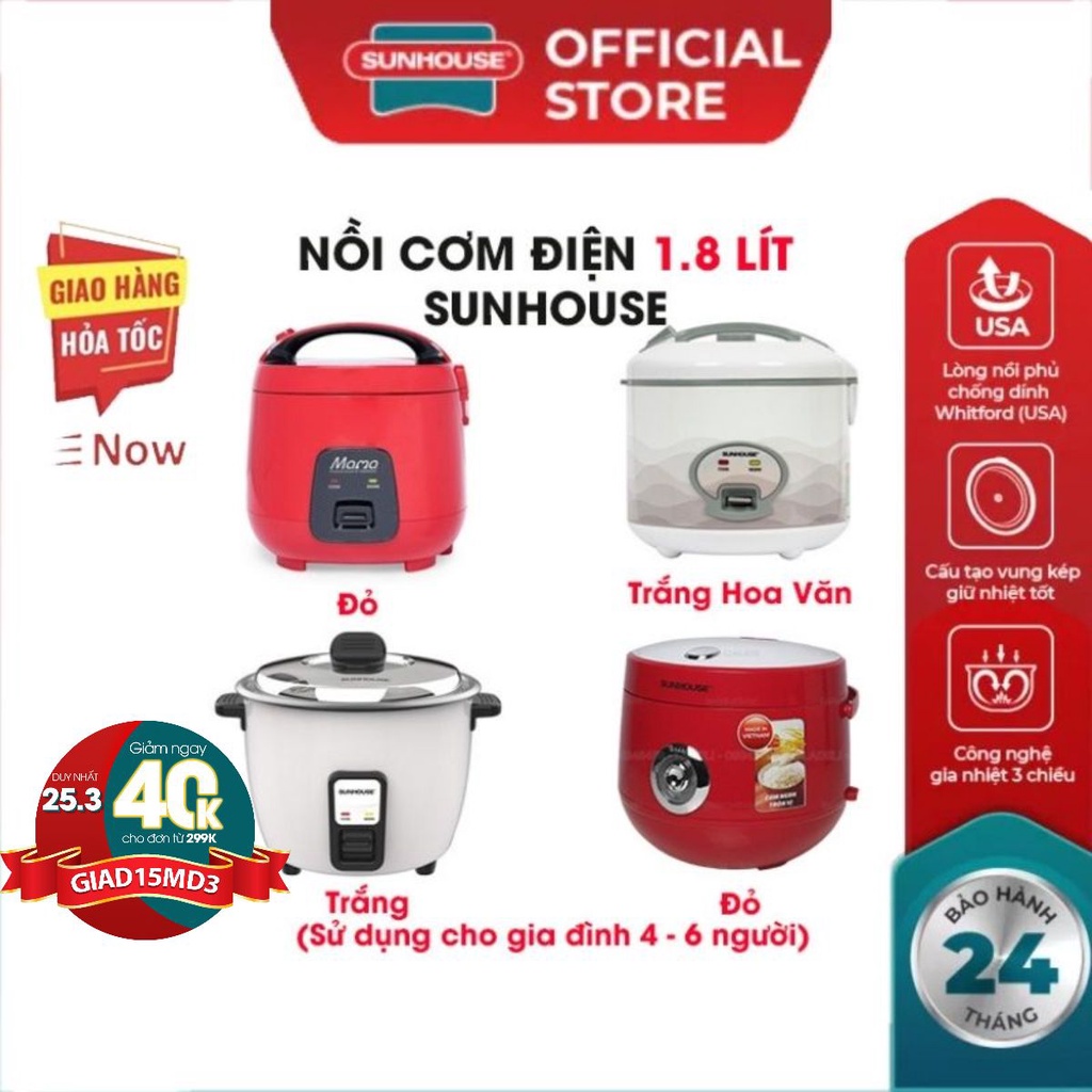 Nồi cơm điện SUNHOUSE HTD8522G-2022 dung tích 1.8L lòng nồi 7 lớp chống dính siêu bền giữ nhiệt tốt nấu cơm nhanh