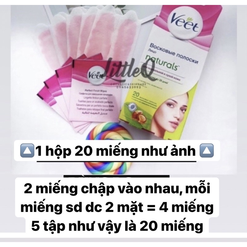 [CÓ CHE TÊN] Tẩy lông mặt Veet, Wax Ria Mép, Miếng dán wax lông Veet cho mặt, hộp 20 miếng tặng 4 gói giấy dưỡng