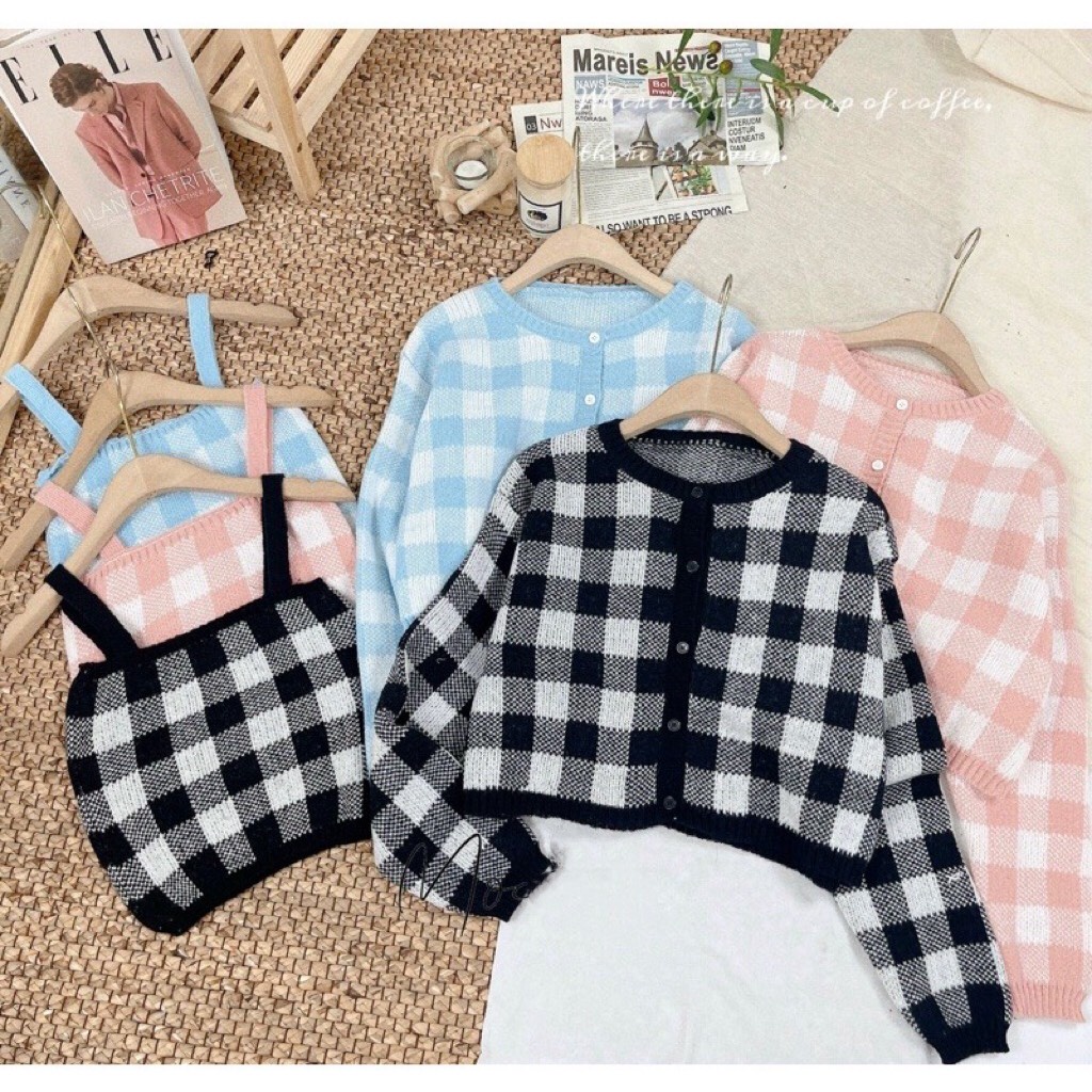 SET Áo Cardigan len kẻ caro mix áo 2 dây siêu xinh