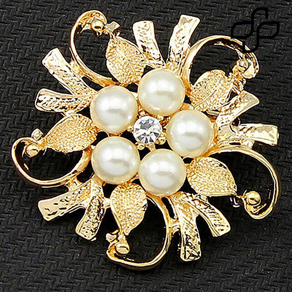 【NEW】Flower Brooch Pin Rhinestone Crystal Faux Pearl Bouquet Bridal Wedding Jewelry