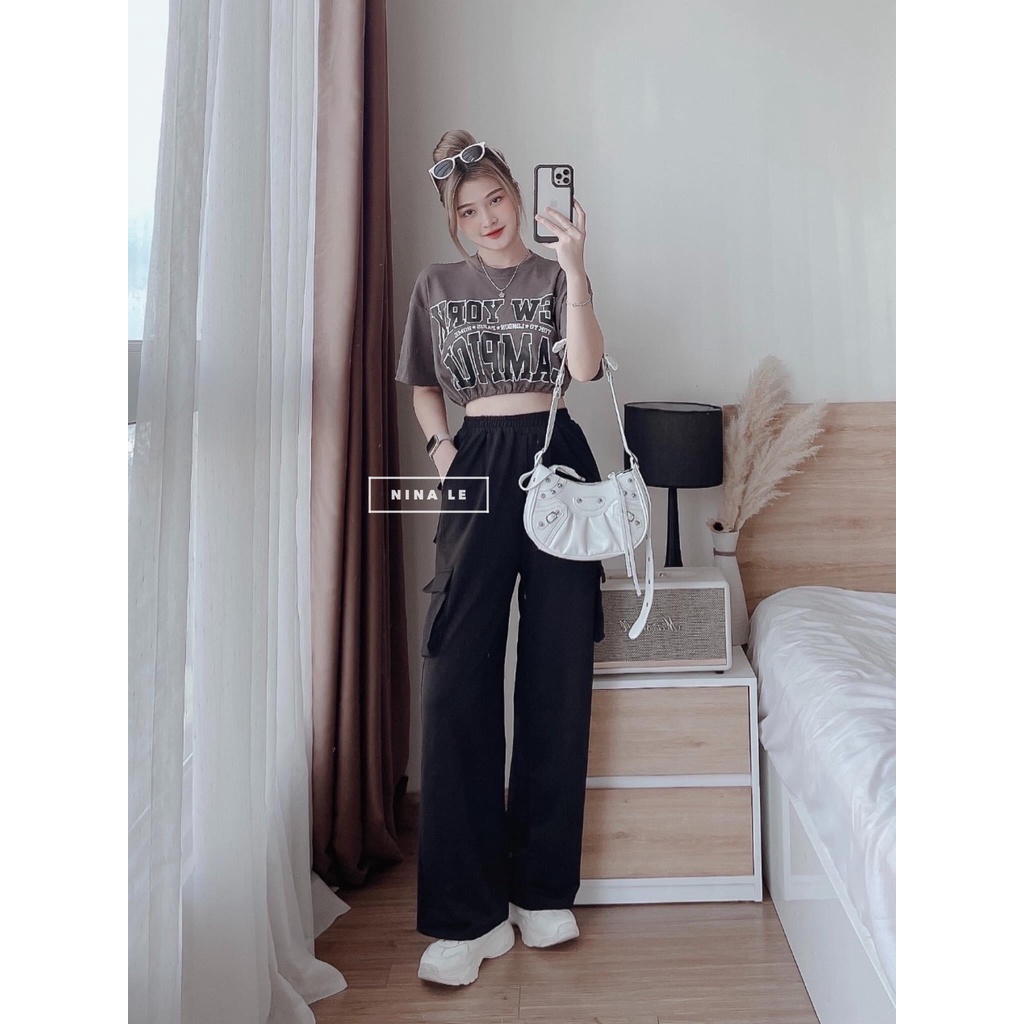 Bộ croptop 3 món quần túi hộp ống rộng LT156
