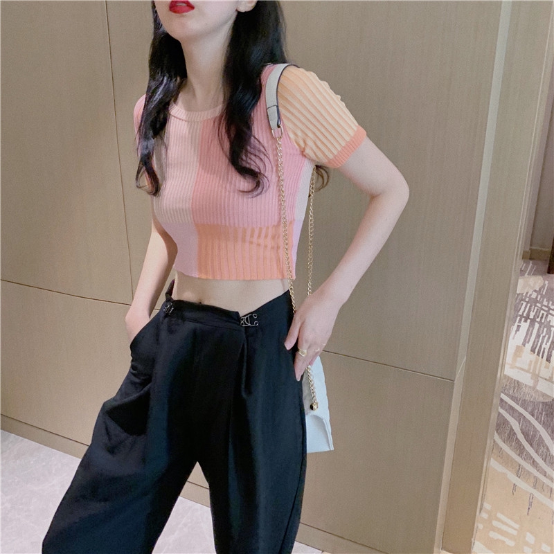 SUXI Summer fashion new striped short-sleeved knitted T-shirt