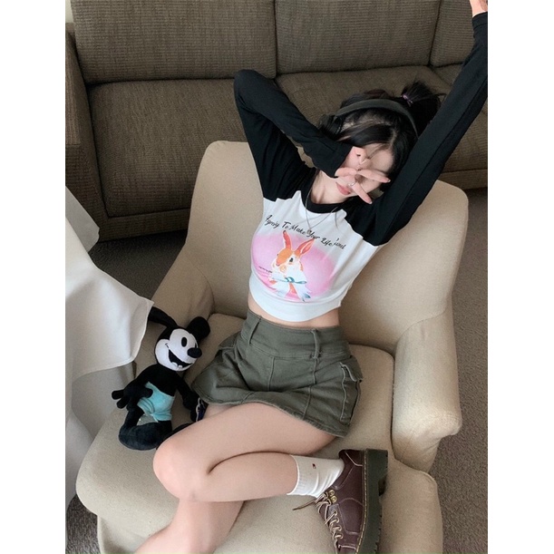 Áo croptop THỎ CAM GB cổ tròn tay dài phối màu chữ hình in cá tính đơn giản dễ thương Nữ kiểu hàn quốc alohashop91