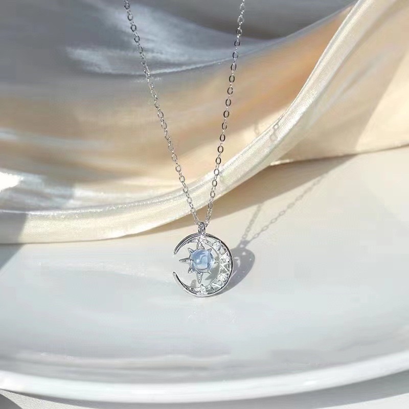 Dây Chuyền Mặt Trăng Đá Xanh Moonstone Nhân Tạo Đính Đá Bạc Ý 925 Cao Cấp, Dây Chuyền Nữ Bạc Đá Mặt Trăng