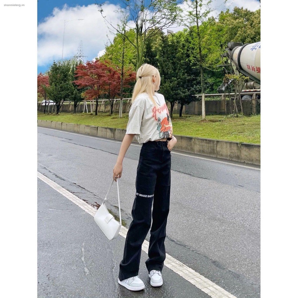 Quần jean ống rộng đứng lưng cao màu trắng / đen cá tính thời trang 2022 cho nữ