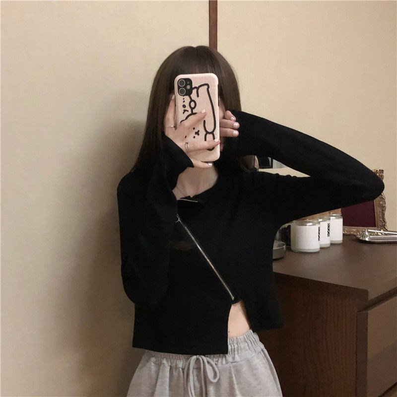 Áo Thun Croptop Kéo Khóa Tay Dài Màu Trơn Co Dãn Phong Cách Hàn Quốc