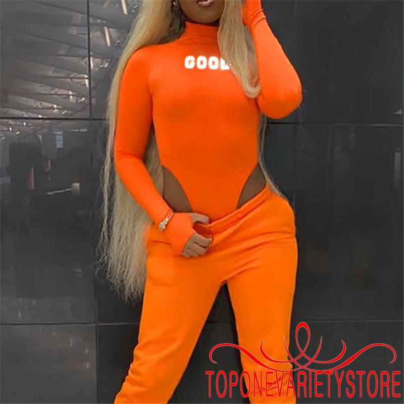 TOPQ-Women Bodysuit Long Sleeve High Neck Reflective Letters Slim Fit Jumpsuit Clothing | WebRaoVat - webraovat.net.vn