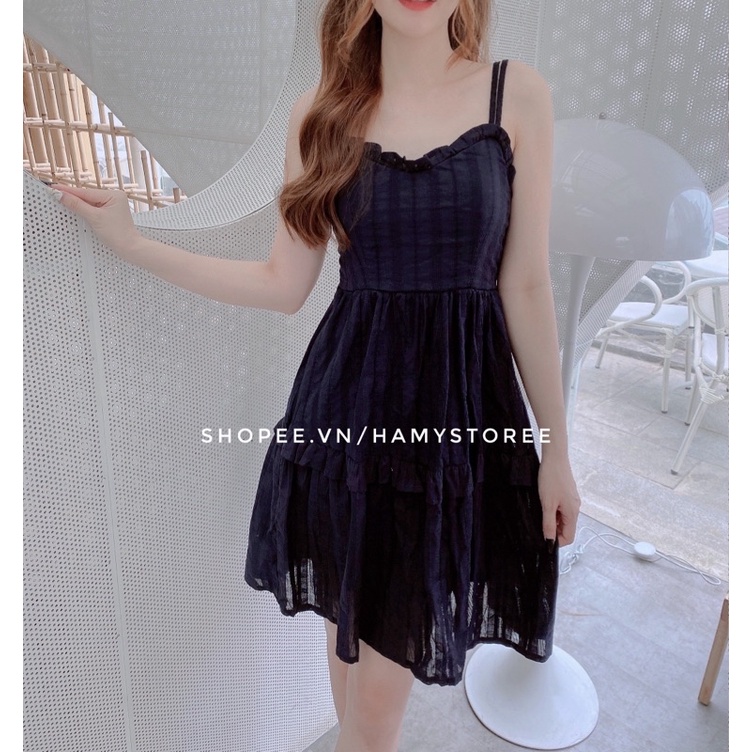 CINY DRESS - ĐẦM 2 DÂY XANH NAVY PHỐI BÈO
