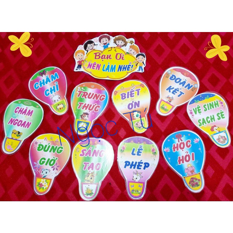Sét Nội quy trang trí lớp học Kinh khí cầu "Bạn ơi nên làm nhé". In + Ép + Kèm băng dính