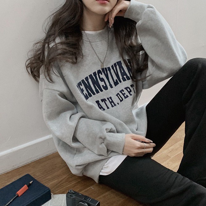 Áo nỉ Peppermint 39062 tay dài cổ tròn in chữ phong cách thời trang cá tính