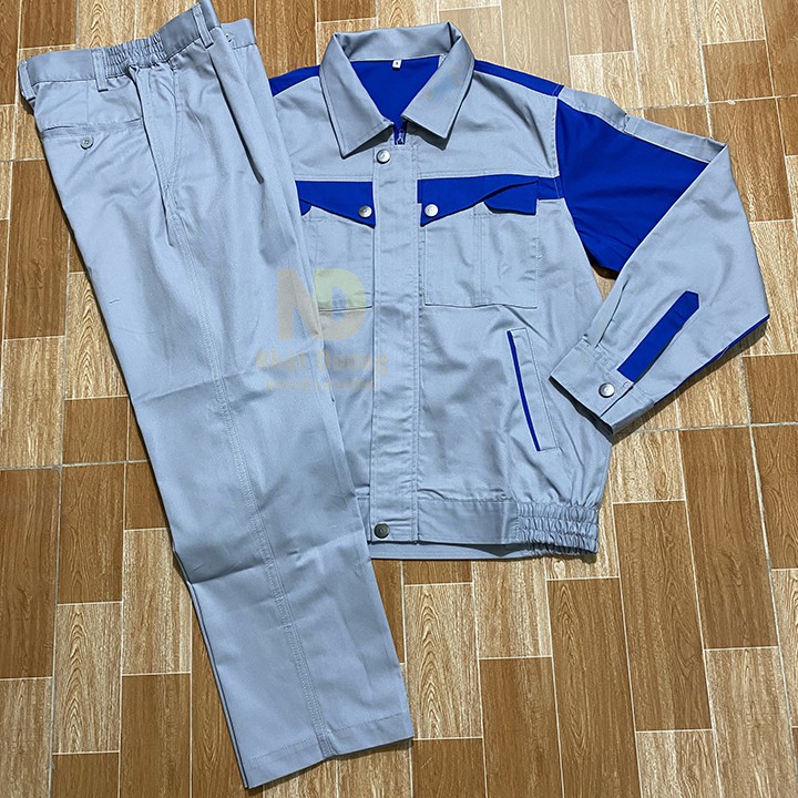 Quần áo bảo hộ lao động nam nữ đồng phục nam nữ ghi xám phối xanh vải pangrim PR03 - Nsafe