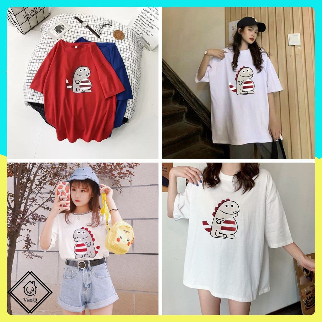 Áo Thun Khủng Long Sọc tay lỡ unisex - Áo Phông Form rộng, in Khủng Long Sọc, chất cotton bề mặt vải mềm ATIN90