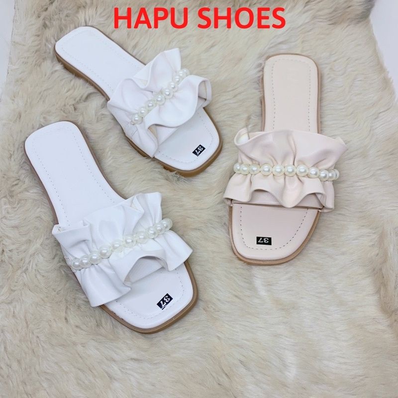 Dép lê nữ quai ngang, dép thời trang nhún nơ bèo đính ngọc HAPU Shoes