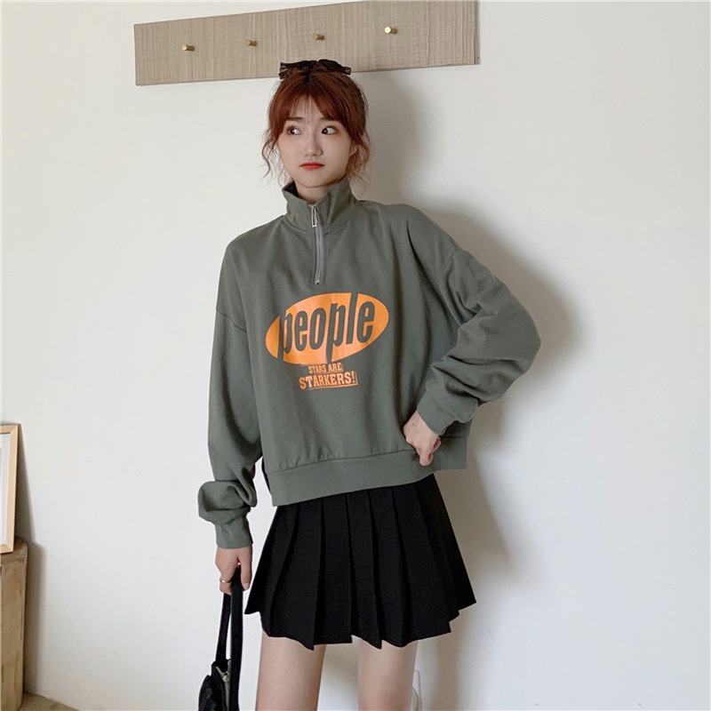 IELGY Áo sweater Mỏng Tay Dài Cổ Đứng Có Khóa Kéo In Chữ IELGY Thời Trang Cho Nữ