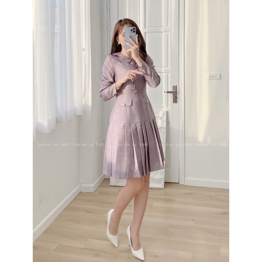 Váy dạ tím cổ sen tay dài 2 lớp YV49 YAME