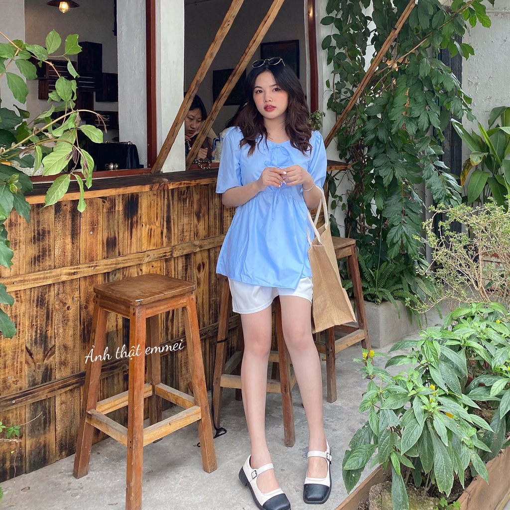 Áo babydol thắt nơ xinh đẹp, áo sơ mi nữ sinh ngắn tay V43 thời trang nữ emmei