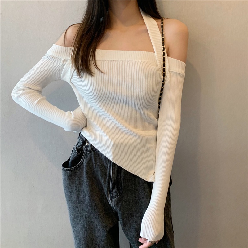 Porozi  Áo sweater dệt kim hở vai dáng mỏng thời trang Hàn Quốc cho nữ