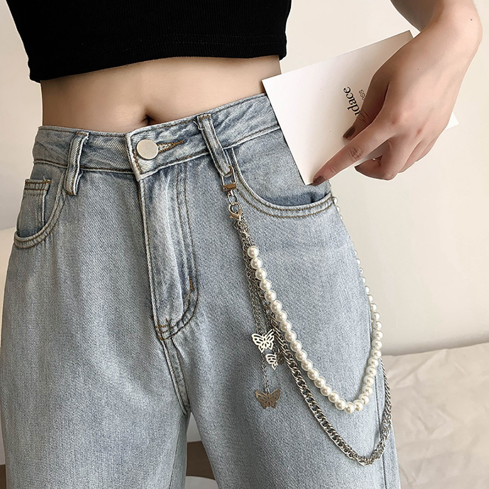 Dây xích đeo thắt lưng bằng kim loại đính ngọc trai độc đáo thời trang