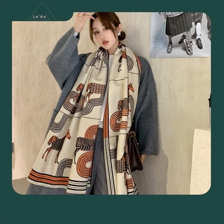 Khăn Len Choàng Cổ Khăn Quàng Cổ Nữ Khăn Quấn Cổ Họa Tiết Ngựa Phối Kẻ Sọc Bốn Màu Cam/Hồng/Nâu_Leau K06