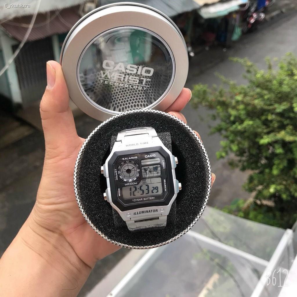 Đồng hồ nam Casio AE 1200-WHD classic chống nước , dây thép không gỉ (dây bạc mặt đen)-FULL BOX THiếc chính hãng