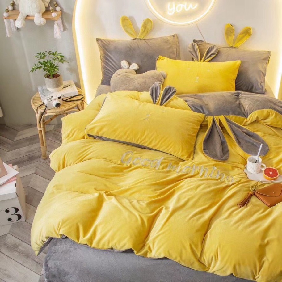 Bộ Chăn Ga Gối Nỉ Nhung Tai Thỏ Cac Cấp Mềm Mịn Ấm Áp Hàng Có Sẵn